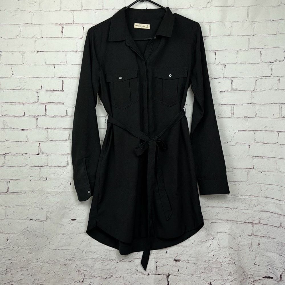 Abercrombie Fitch Dress Womens Small Long Sleeve Belted Snap Button Pocket Black
